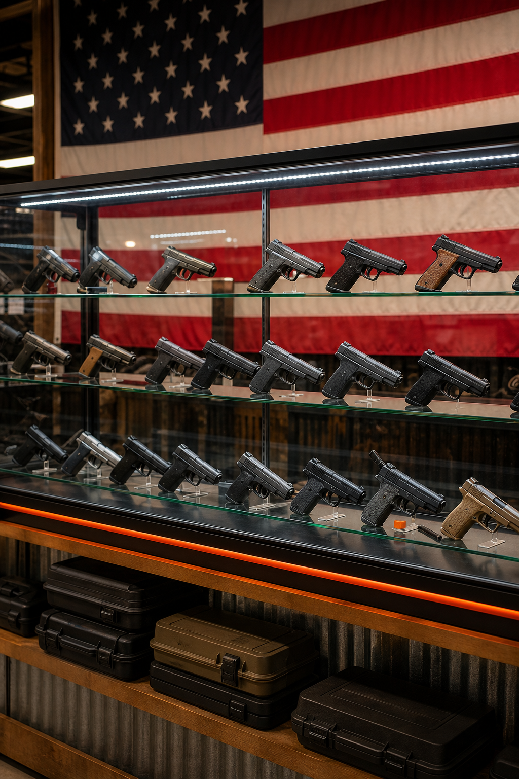 A clean, well-lit display case of firearms inside a veteran-owned gun shop, with an American flag in the background. Alt: Veteran-owned FFL transfer service at 31 M Armory.