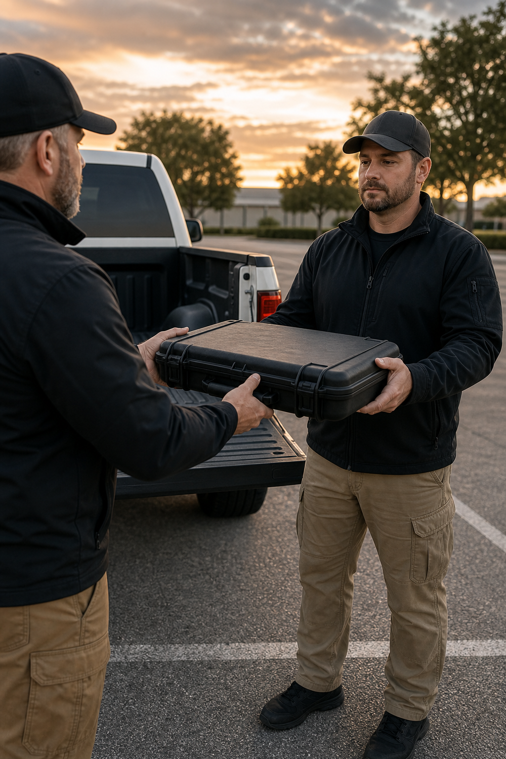 A person handing a firearm case to a dealer offering on-location transfer service at a parking lot meeting point. Alt: On-location transfer service meeting at a convenient location.