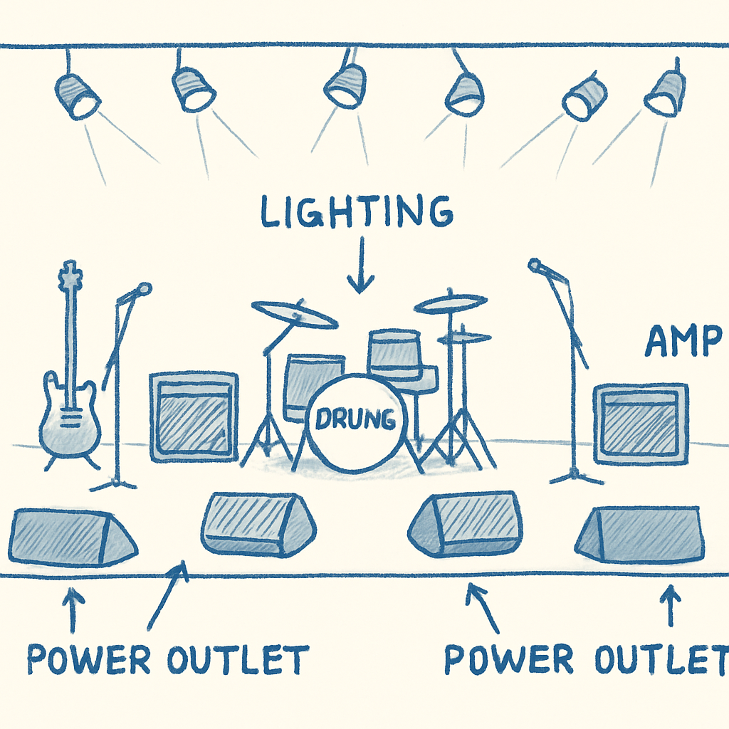 A stage layout with annotated technical requirements, showing monitors, amps, lighting positions, and power outlets. Alt: Fiche technique concert détaillée avec annotations techniques.