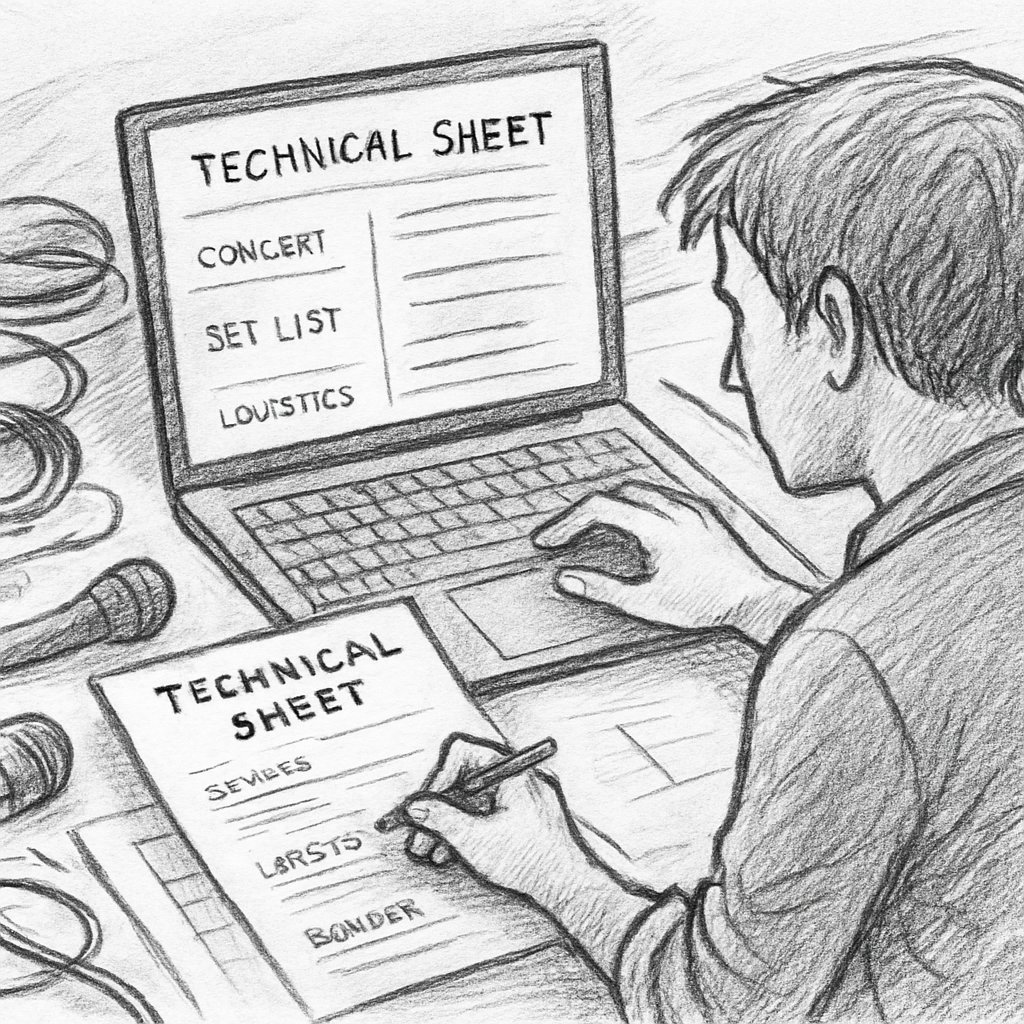 Vue détaillée d’un régisseur remplissant une fiche technique concert sur un ordinateur portable, entouré de câbles, micros et plans de scène. Alt: fiche technique concert planification logistique et budget