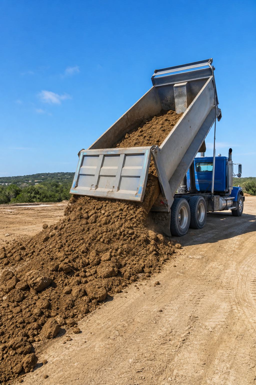 A photorealistic image of a dump truck dumping fill dirt at a construction site in San Antonio, with a clear blue sky and South Texas landscape. Alt: Dump truck delivering fill dirt in San Antonio.