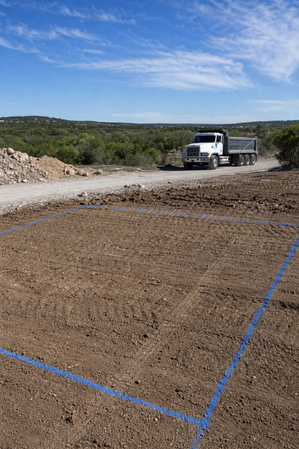 A photorealistic image of a prepared jobsite with a marked drop zone and a dump truck approaching, showing typical Texas terrain. Alt: Prepared site for fill dirt delivery in San Antonio.