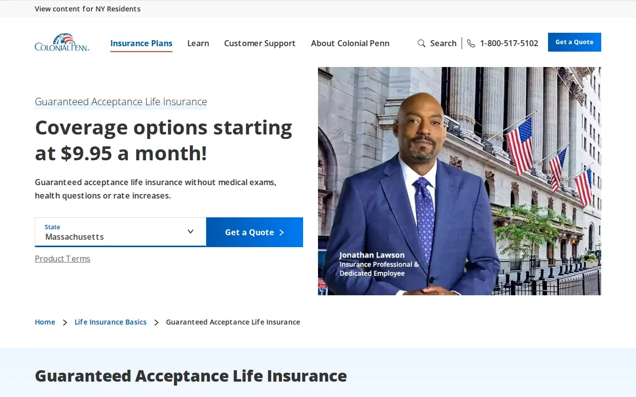 Screenshot of the Guaranteed Acceptance Life Insurance by Colonial Penn website