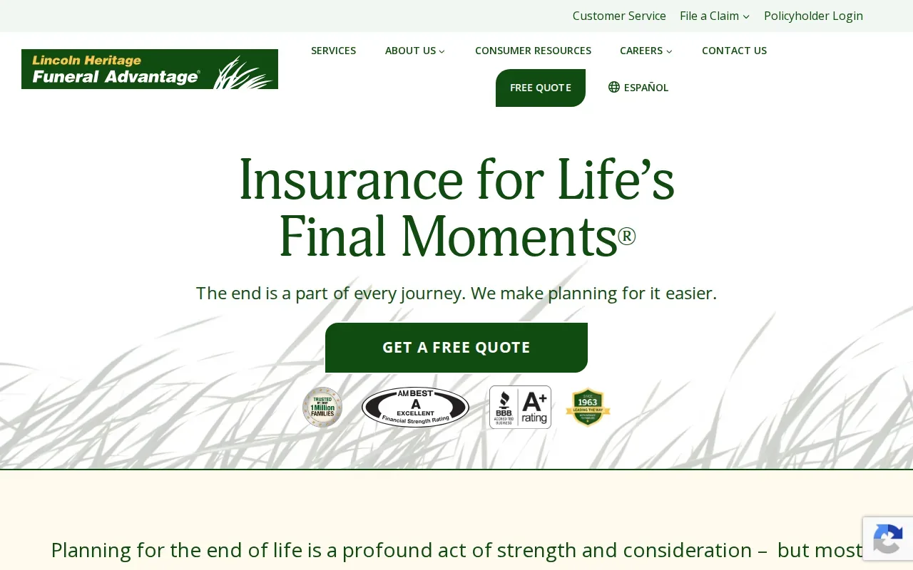 Screenshot of the Funeral Advantage by Lincoln Heritage Life Insurance Company website