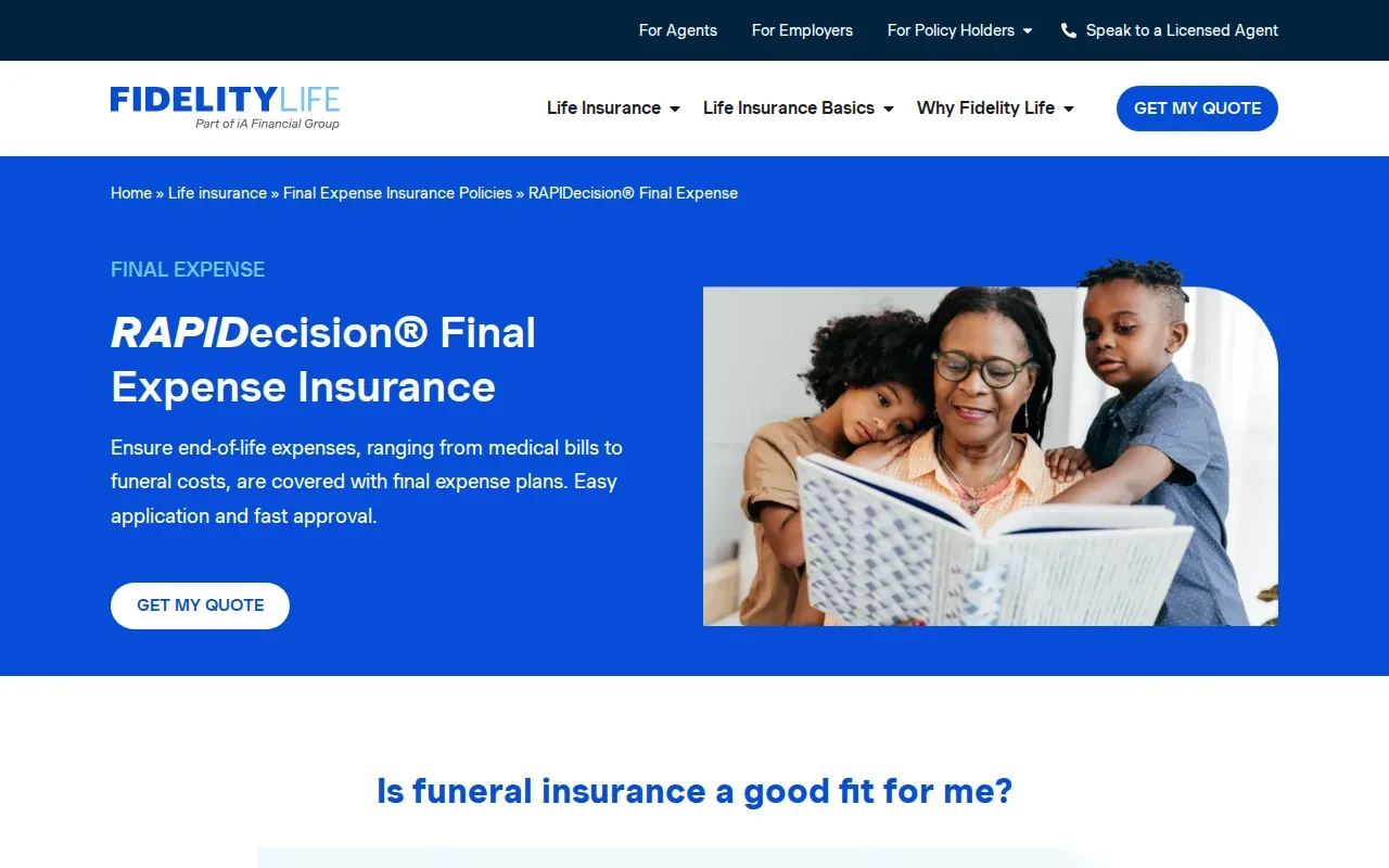 Screenshot of the RAPIDecision® Final Expense by Fidelity Life website