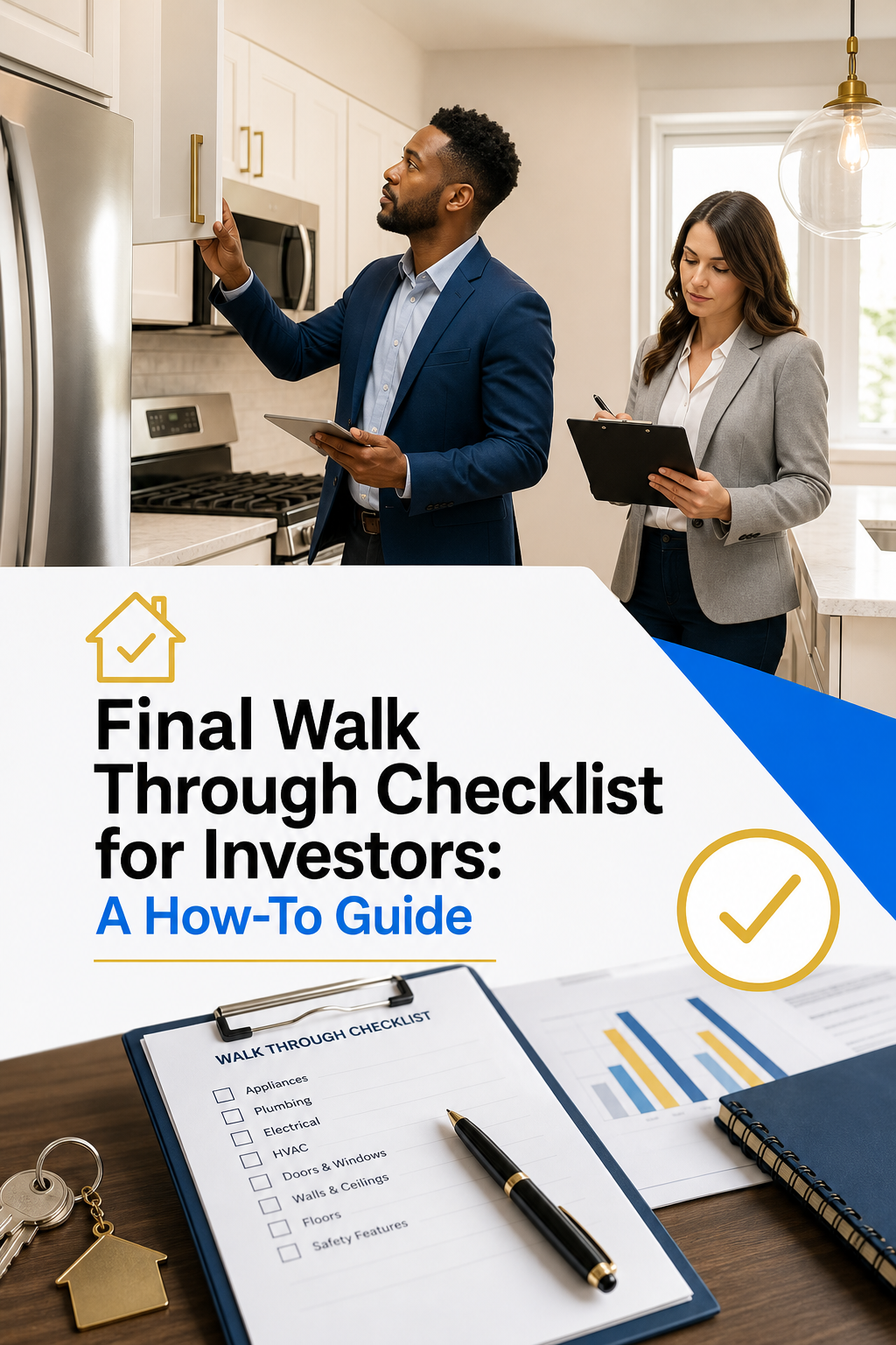 A real estate investor and agent walk through a vacant rental property, checking appliances and taking notes. Alt: real estate investor final walk through checklist rental property
