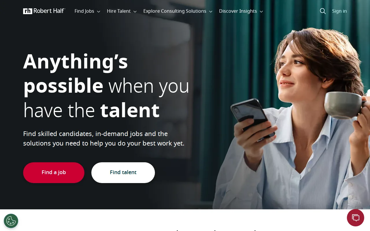 Screenshot of the Robert Half: Permanent and temporary finance staffing website