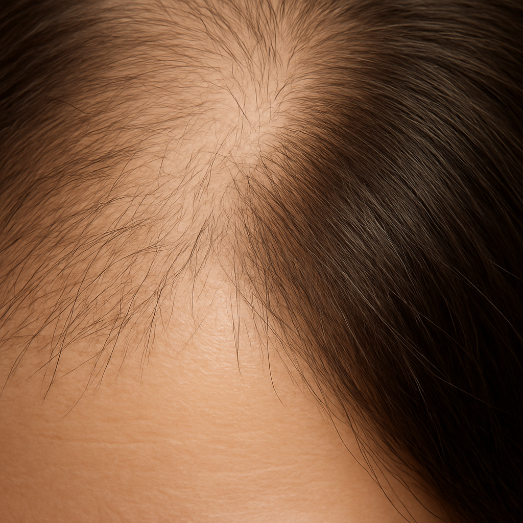 A close‑up of a scalp with healthy hair follicles, showing a subtle contrast between thinning and regrown areas. Alt: “Finasteride mechanism and scalp health illustration”