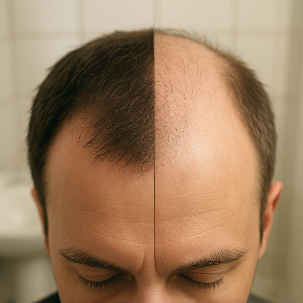 A close‑up of a man’s scalp with one side showing thicker hair after treatment, the other side thinner, soft natural lighting, UK bathroom setting. Alt: Comparing finasteride and dutasteride effectiveness on hair density