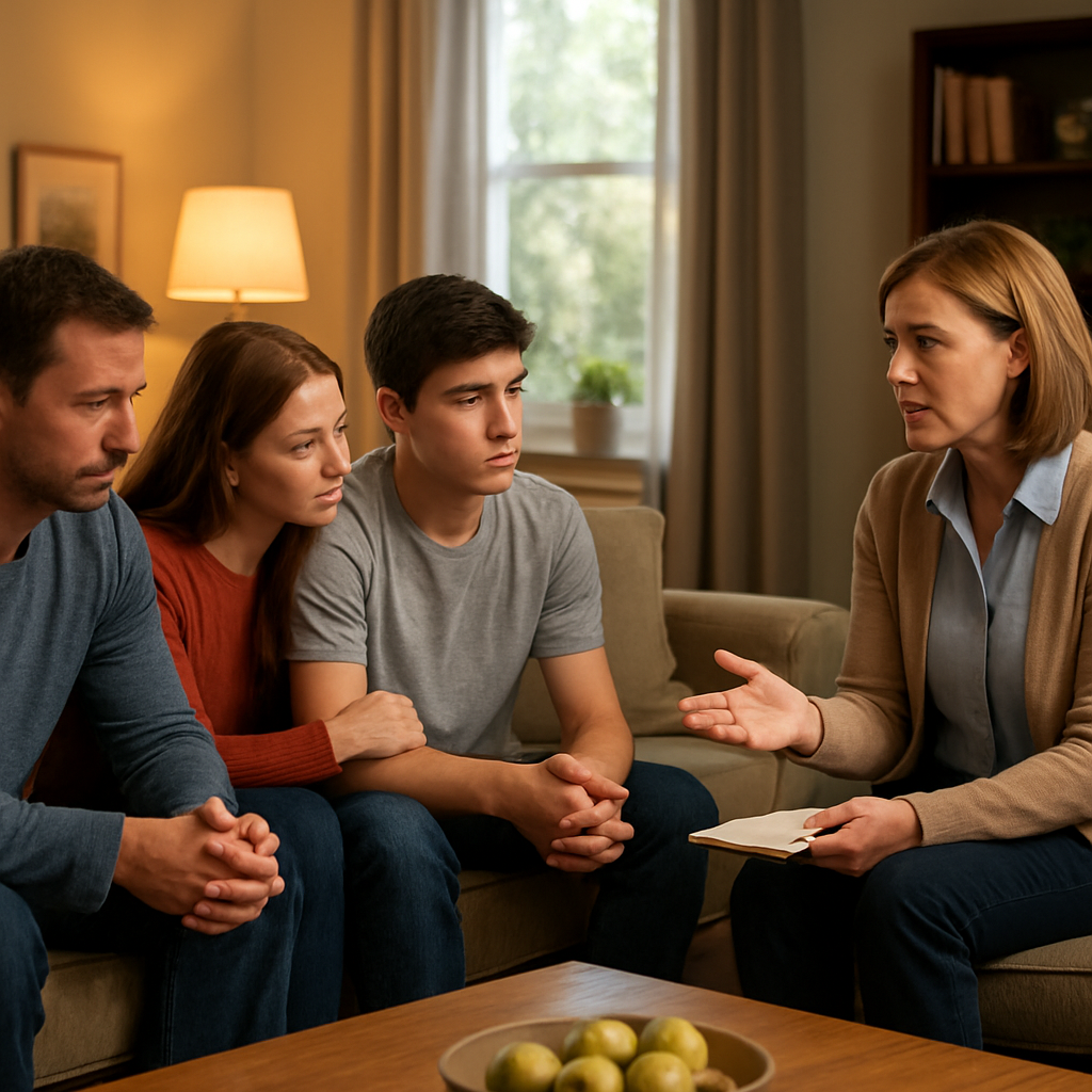 A warm, inviting living room scene where a family sits in a circle with a professional counselor, showing empathy and support. Alt: Intervention counselor facilitating family discussion in a comfortable home setting.