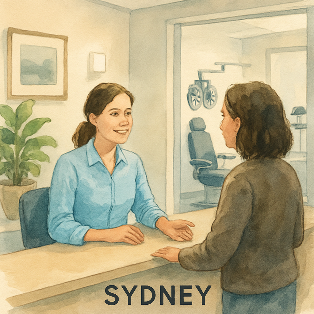 A calm Sydney clinic reception with a friendly staff member assisting a patient, showing a modern eye examination room in the background. Alt: retina specialist near me Sydney clinic interior