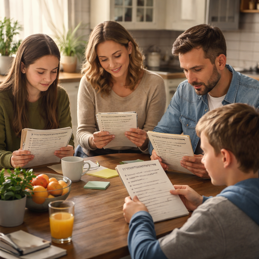 A photorealistic scene of a family gathered around a kitchen table, each holding a notebook with bullet points, soft natural light, showing a calm but focused atmosphere. Alt: family planning intervention needs checklist