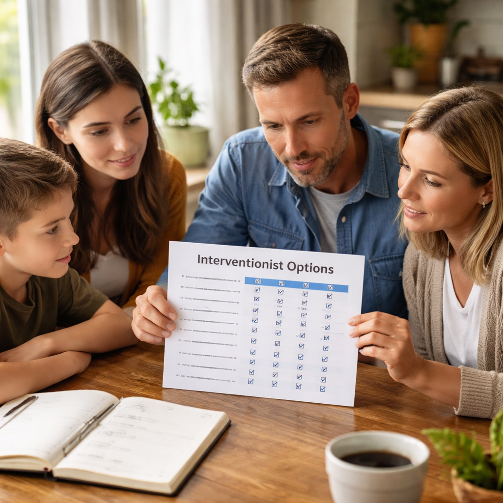 A photorealistic scene of a family gathered around a kitchen table, reviewing a printed comparison chart of interventionist options. Soft natural light streams through a window, showing focused faces and a notebook with checkmarks. Alt: Family evaluating interventionist choices with a comparison chart.
