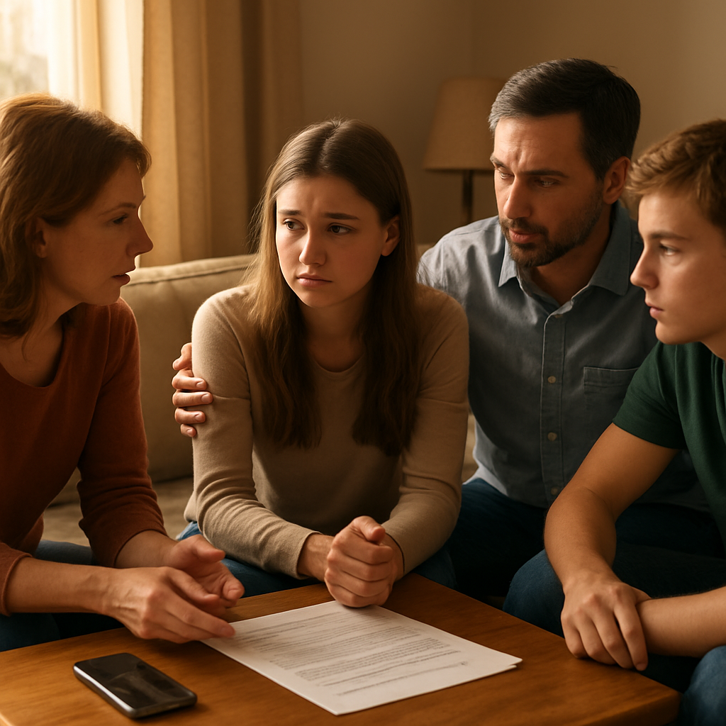 A warm, sunlit living room with a supportive family sitting around a coffee table, papers and a phone visible, indicating a calm discussion about seeking help. Alt: family planning substance abuse help near me, supportive environment