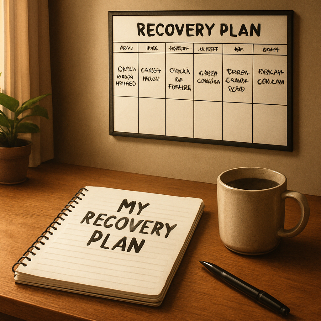 A warm home office scene with a notebook titled “My Recovery Plan,” a coffee mug, and a calendar on the wall showing a weekly schedule for recovery activities. Alt: Personal recovery plan template for substance abuse help near me.