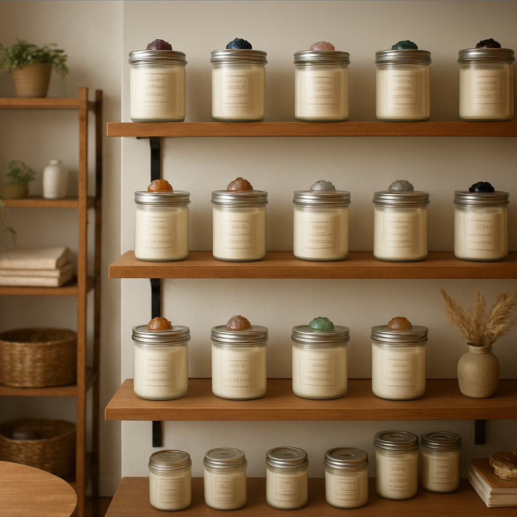 A cozy boutique interior with shelves of handcrafted soy candles in glass jars, each topped with sparkling gemstones. Alt: Local soy candle shop with gemstone‑topped soy candles for a warm, sustainable home ambiance.