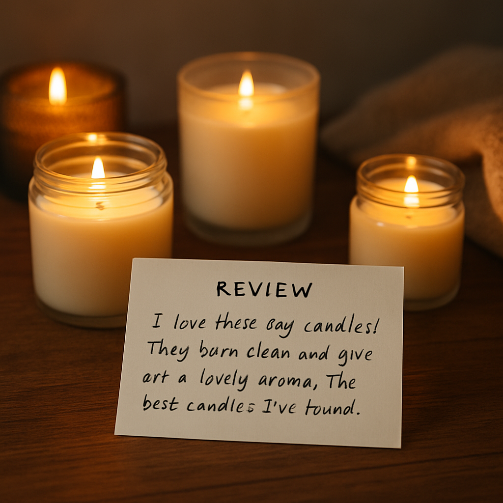 A cozy tabletop with several soy candles, a handwritten review card, and a glowing ambiance. Alt: 