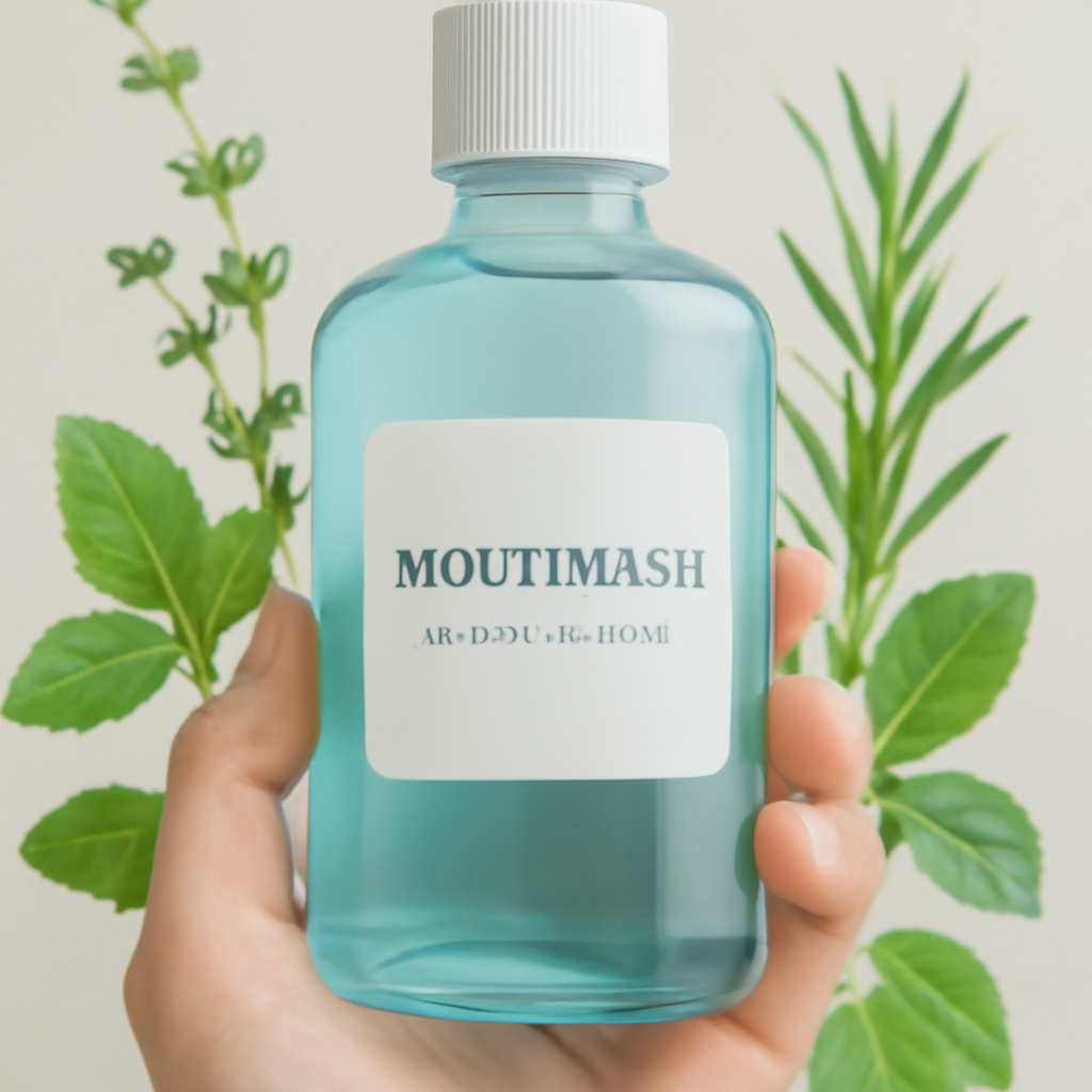 A calm, close‑up of a mouthwash bottle with a soft, blue liquid, a gentle hand holding it, surrounded by fresh herbs. Alt: Soft‑colored mouthwash bottle with herbs for sensitive gums.