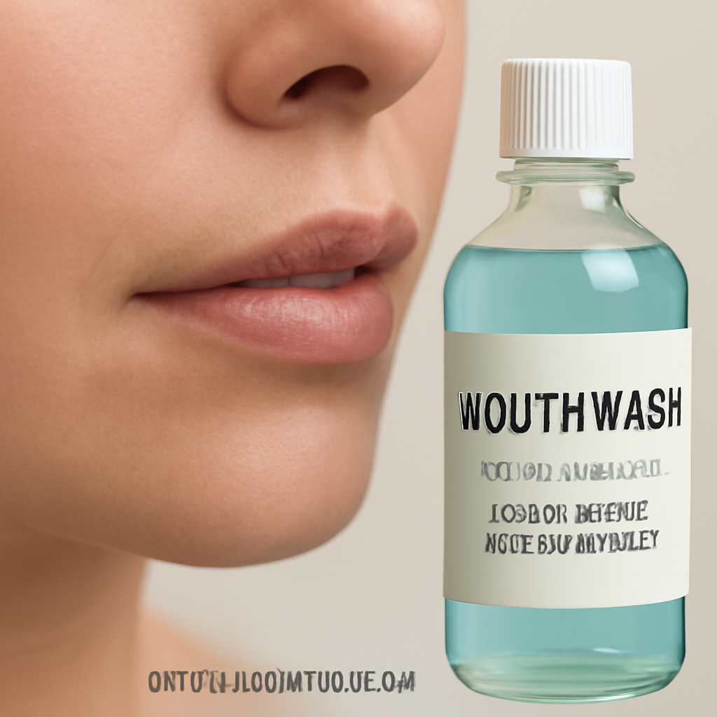 A close‑up of a calm, gently swishing mouth with a clear, alcohol‑free mouthwash bottle beside it. Alt: Gentle mouthwash rinse for sensitive gums