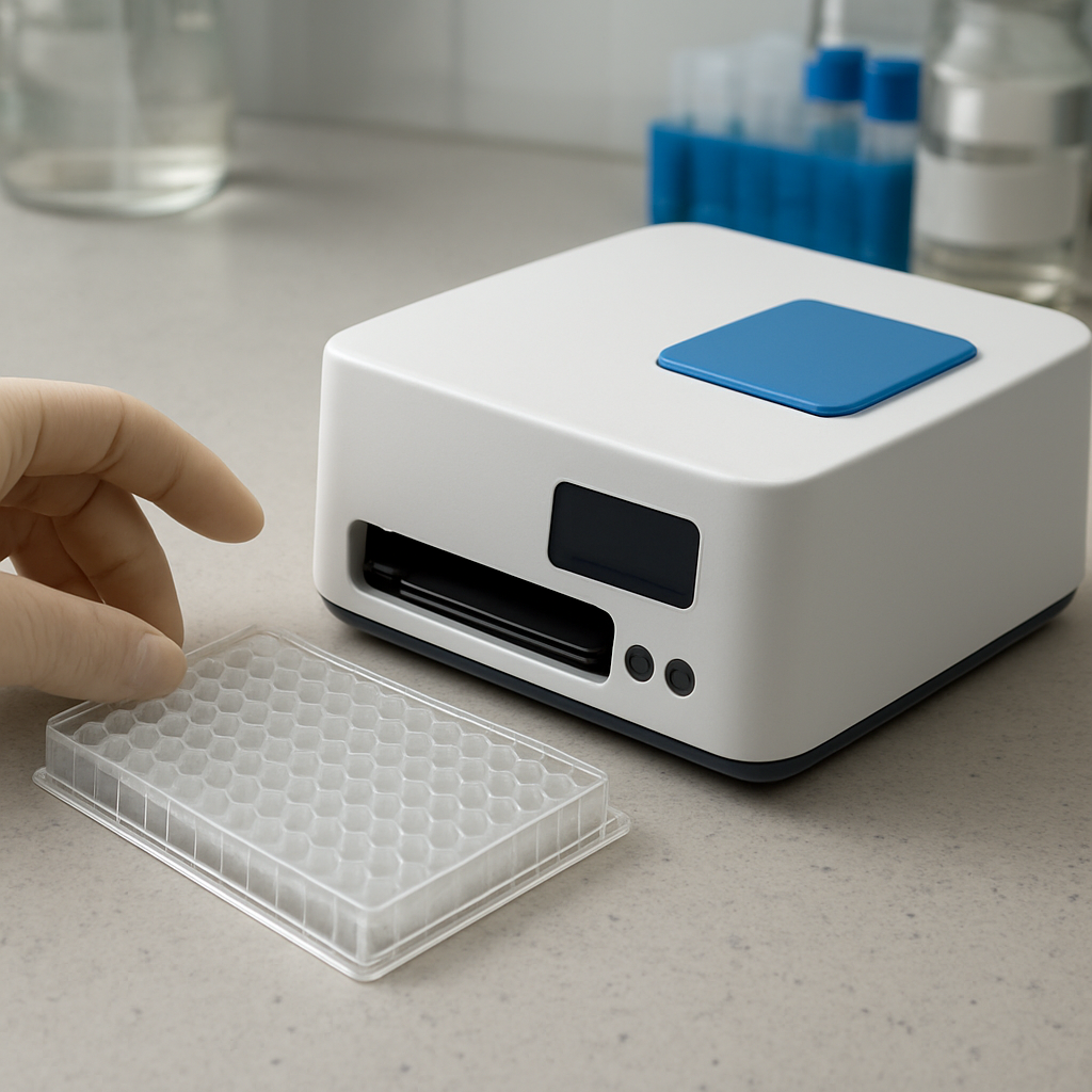 A photorealistic lab bench showing a compact cheap microplate reader beside a 96-well plate, with a researcher’s hand reaching for the device. Alt: cheap microplate reader comparison on bench.