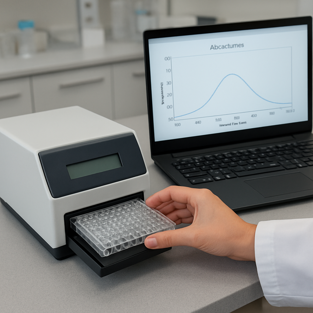A photorealistic lab bench showing a compact cheap microplate reader with a 96‑well plate loaded, a laptop displaying absorbance data, and a technician’s hand adjusting the plate position. Alt: cheap microplate reader setup and data collection in a modern genomics lab.