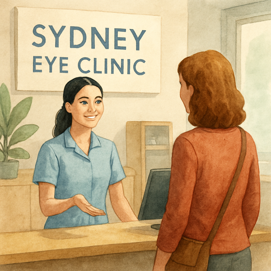 A modern Sydney eye clinic reception with a friendly staff member greeting a patient. Alt: Light Adjustable Lens near me Sydney clinic reception