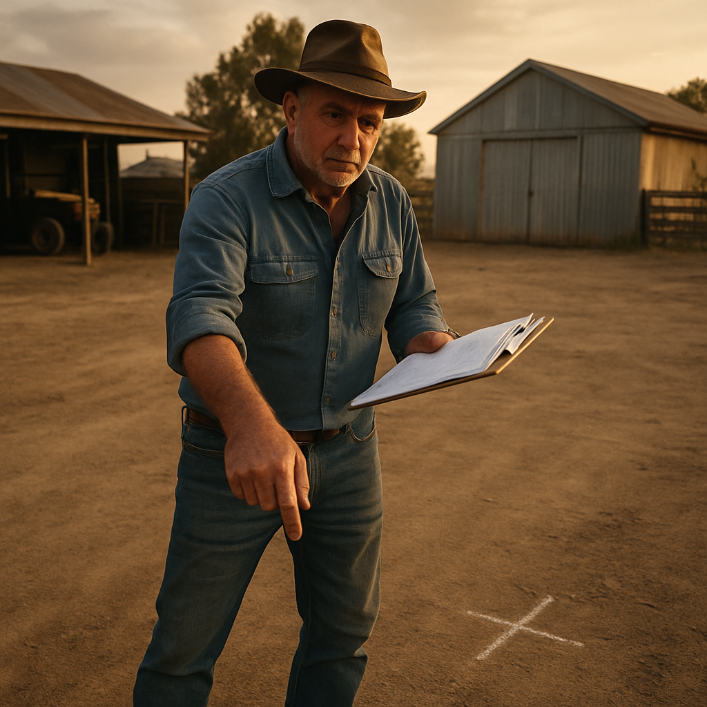 A farmer standing on a dusty farmyard, holding a clipboard and pointing to a marked spot on the ground. Alt: Rural property assessment for building projects, showcasing site inspection and planning.