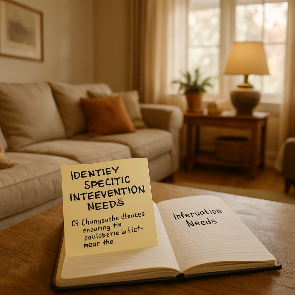 A warm, lived‑in family living room with a notebook open on a coffee table, sticky notes with brief bullet points about intervention needs, soft natural light. Alt: Identify specific intervention needs checklist for families seeking an interventionist near me.