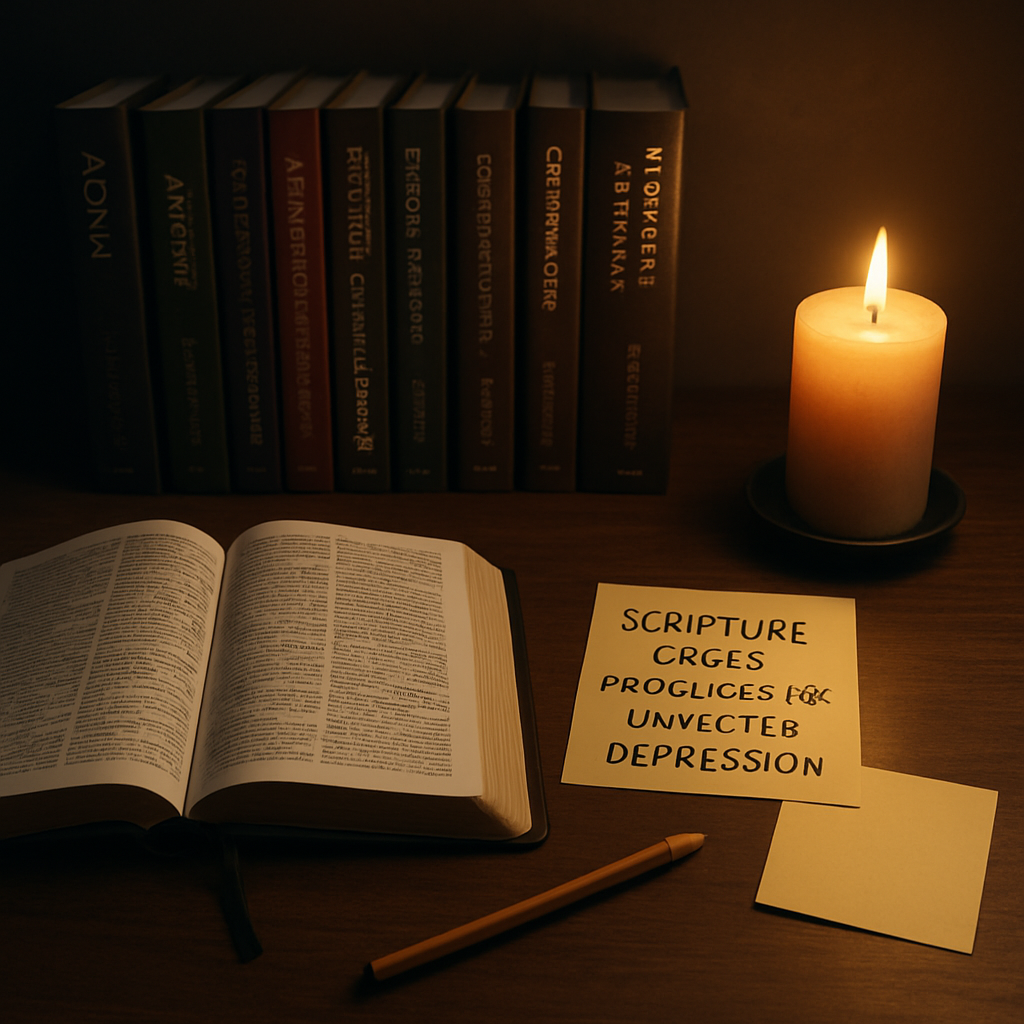 A calm study desk with a Bible, sticky notes, and a candle. Alt: Comparing scripture‑based practices for anxiety and depression