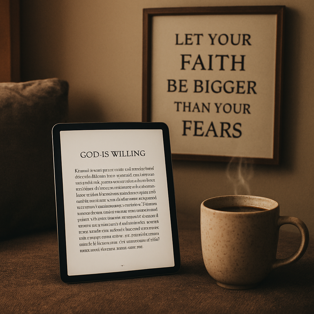 A cozy reading nook with a tablet displaying a Christian ebook PDF, a steaming cup of coffee, and a soft, inspirational wall art piece. Alt: Cozy Christian ebook PDF reading setup with coffee and uplifting art.