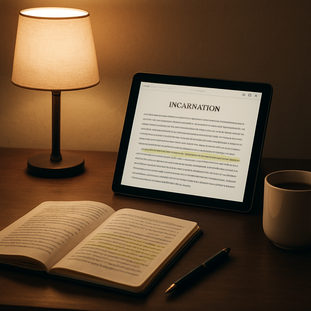 A calm home study area with a tablet displaying a christian ebook pdf, a notebook with highlighted verses, a coffee mug, and a soft lamp lighting the scene. Alt: Organized Christian ebook PDF reading setup with notes and coffee.
