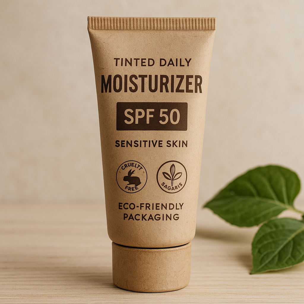 Eco-friendly skincare packaging for a cruelty-free tinted daily moisturizer SPF 50, with recyclable materials and organic labels. Alt: sustainable cruelty-free tinted daily moisturizer with spf 50 for sensitive skin in eco-friendly packaging.