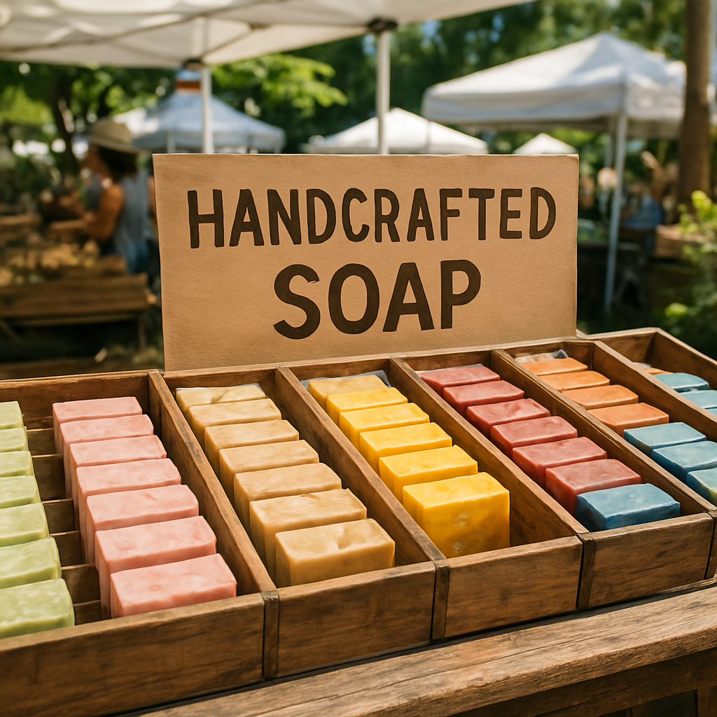 A sunny farmers’ market stall displaying colorful, handcrafted soap bars in rustic wooden crates. Alt: Handcrafted soap near me, local artisan soap makers at market.