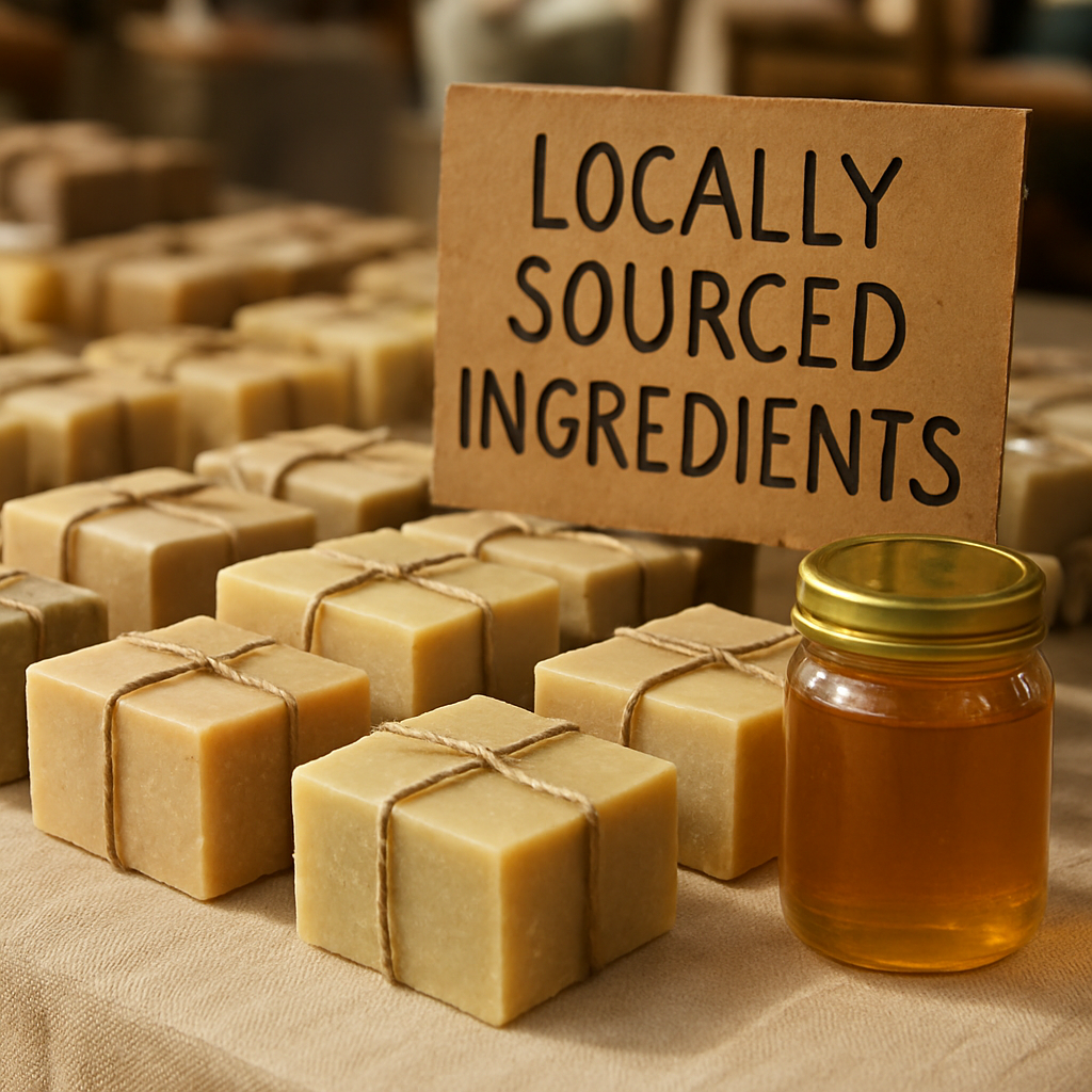 A bright market stall displaying rows of handcrafted soap bars wrapped in recycled paper, a jar of local honey nearby, and a handwritten sign that reads 