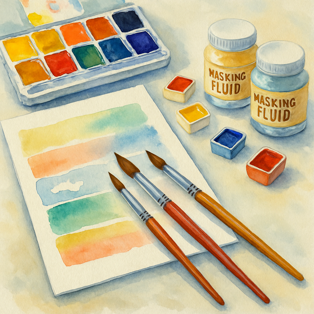A bright and lively watercolor workspace showing brushes, open pans of watercolor paints, a sheet of watercolor paper with light washes showing layering techniques, and masking fluid jars. Alt: Beginner-friendly watercolor painting setup with brushes, paints, paper, and masking fluid.
