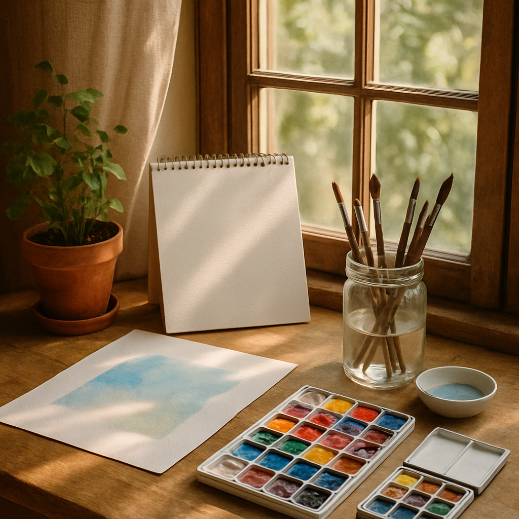 A cozy artist’s corner with watercolor paints, brushes, paper, and natural light coming through a window. Alt: Online watercolor painting course for beginners setup with natural light and essential supplies.