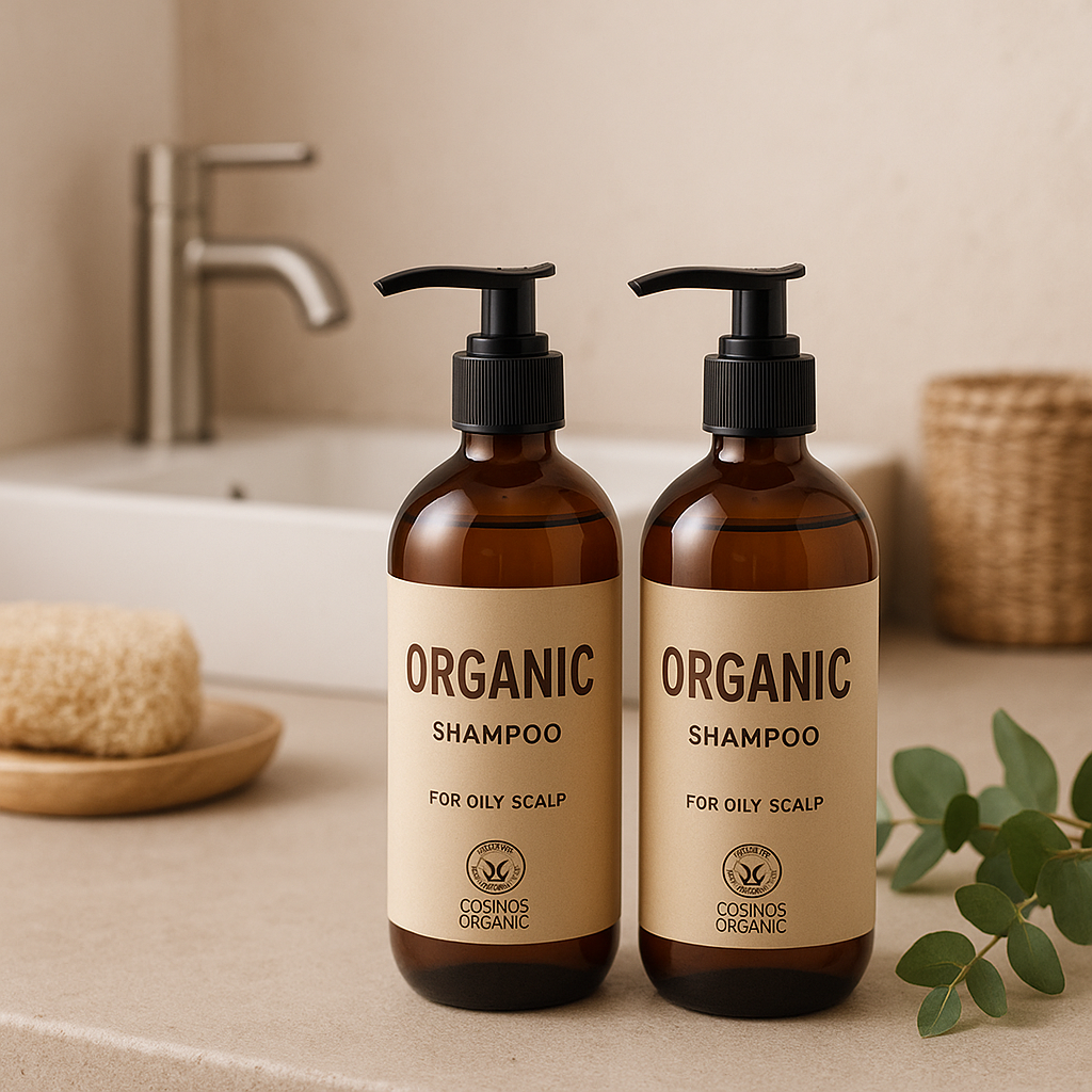 COSMOS certified organic shampoo bottles arranged in an eco-friendly, minimalist bathroom setting. Alt: Best organic shampoo for oily scalp with sustainable packaging and natural ingredients.