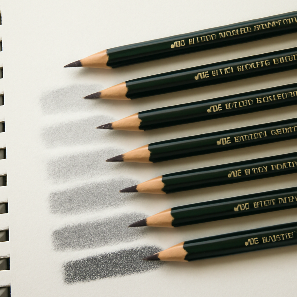 A close‑up of a Faber‑Castell 9000 pencil set arranged on a sketchbook with a light‑to‑dark gradient of graphite marks, alt: Faber‑Castell 9000 pencils showing tonal range.