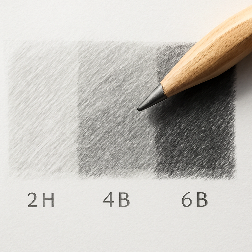 A close‑up of a sketchbook page showing a gradual transition from a 2H outline to a 4B mid‑tone and a 6B deep shadow, with a clean, slightly rounded tip in focus. Alt: Pencil transition in portrait sketching.