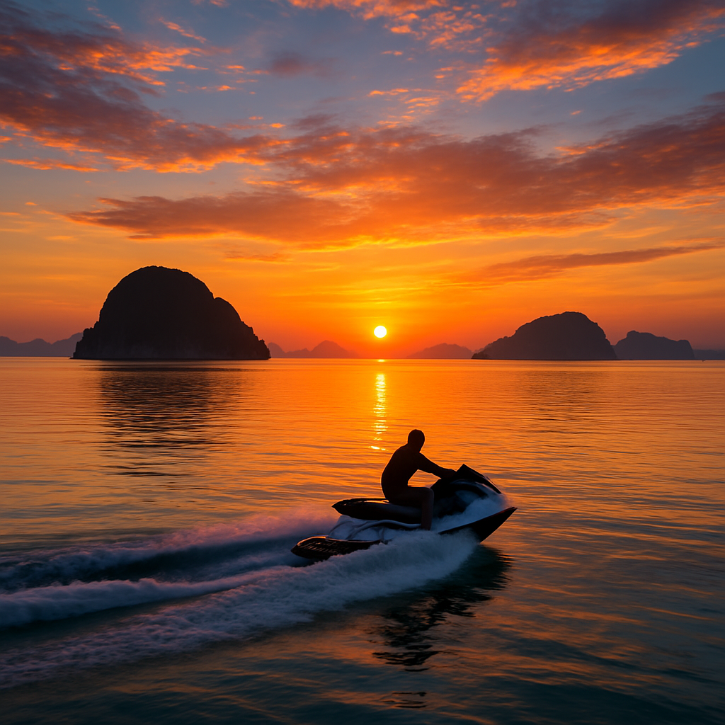 A vivid sunrise over the Andaman Sea with a jet ski cutting through calm water, showcasing the dry season’s perfect conditions. Alt: Best time for jet ski Phuket sunrise ride