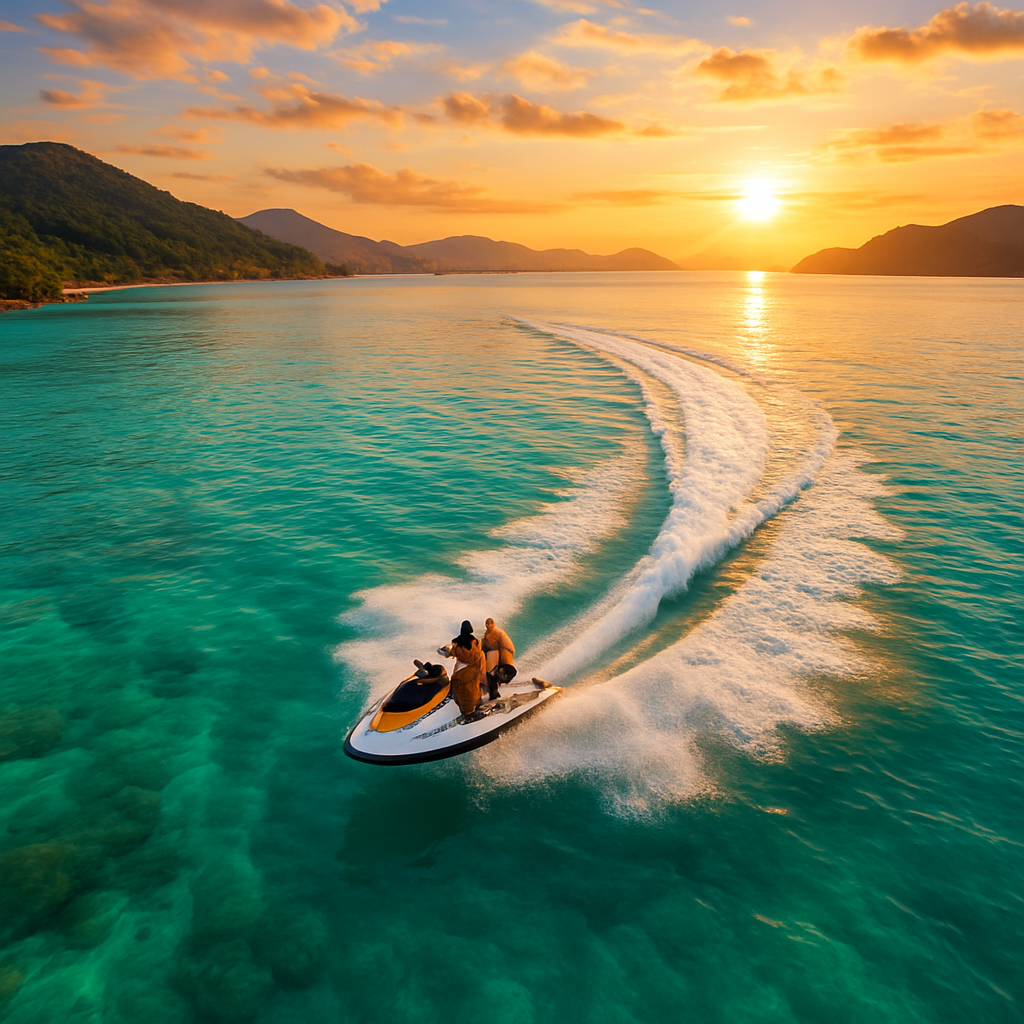 A vibrant aerial view of a jet ski cutting through crystal‑clear water near Phuket’s coast, showing sunrise light and a few riders. Alt: Best time for jet ski Phuket – data table visual.