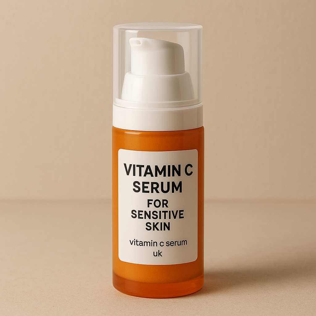 Close-up of an airless pump vitamin C serum bottle for sensitive skin, set against a minimalist background. Alt: Best vitamin C serum for sensitive skin UK in protective airless packaging.