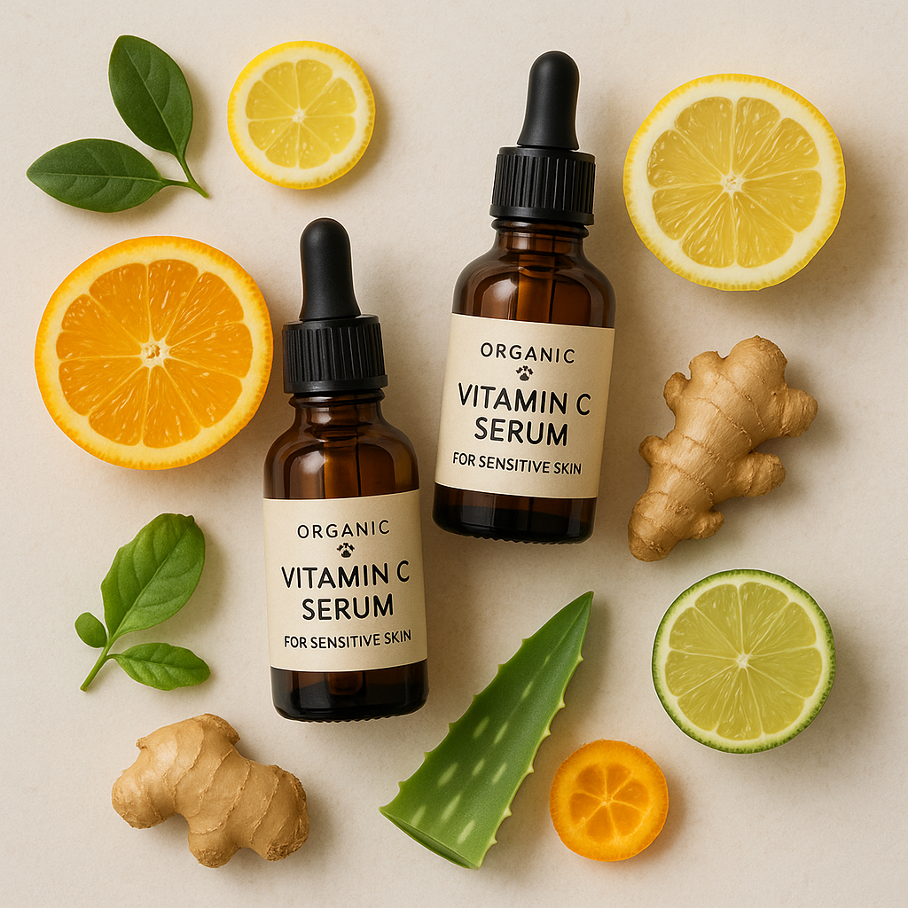 A flat lay of organic, cruelty-free vitamin C serums with natural ingredients - perfect for sensitive skin UK consumers. Alt: Best vegan and organic vitamin C serum for sensitive skin UK.