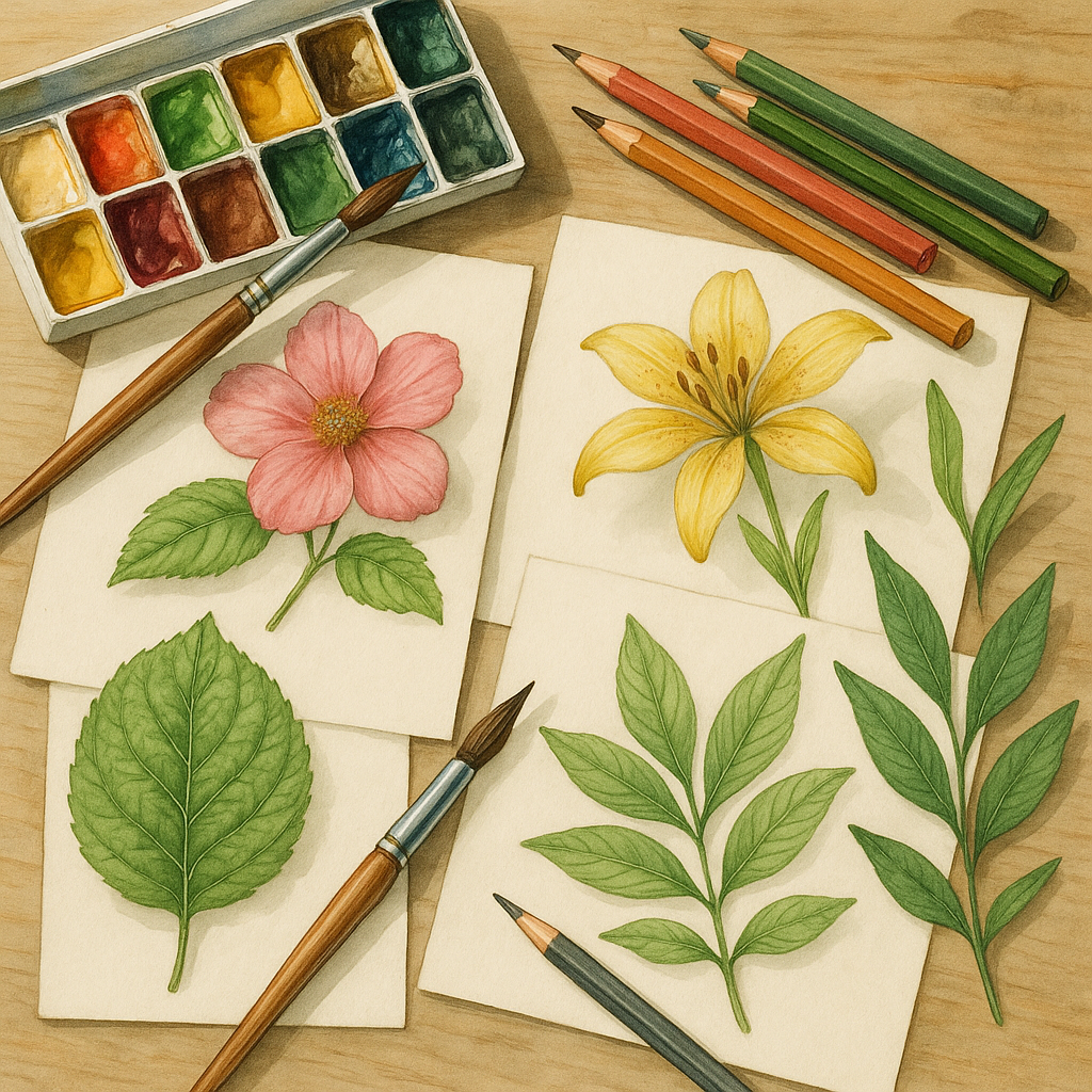 A detailed botanical illustration artist’s workspace with watercolor paints, pencils, and close-up sketches of leaves and flowers. Alt: Artistic depiction of botanical illustration techniques featuring tools and plant sketches.