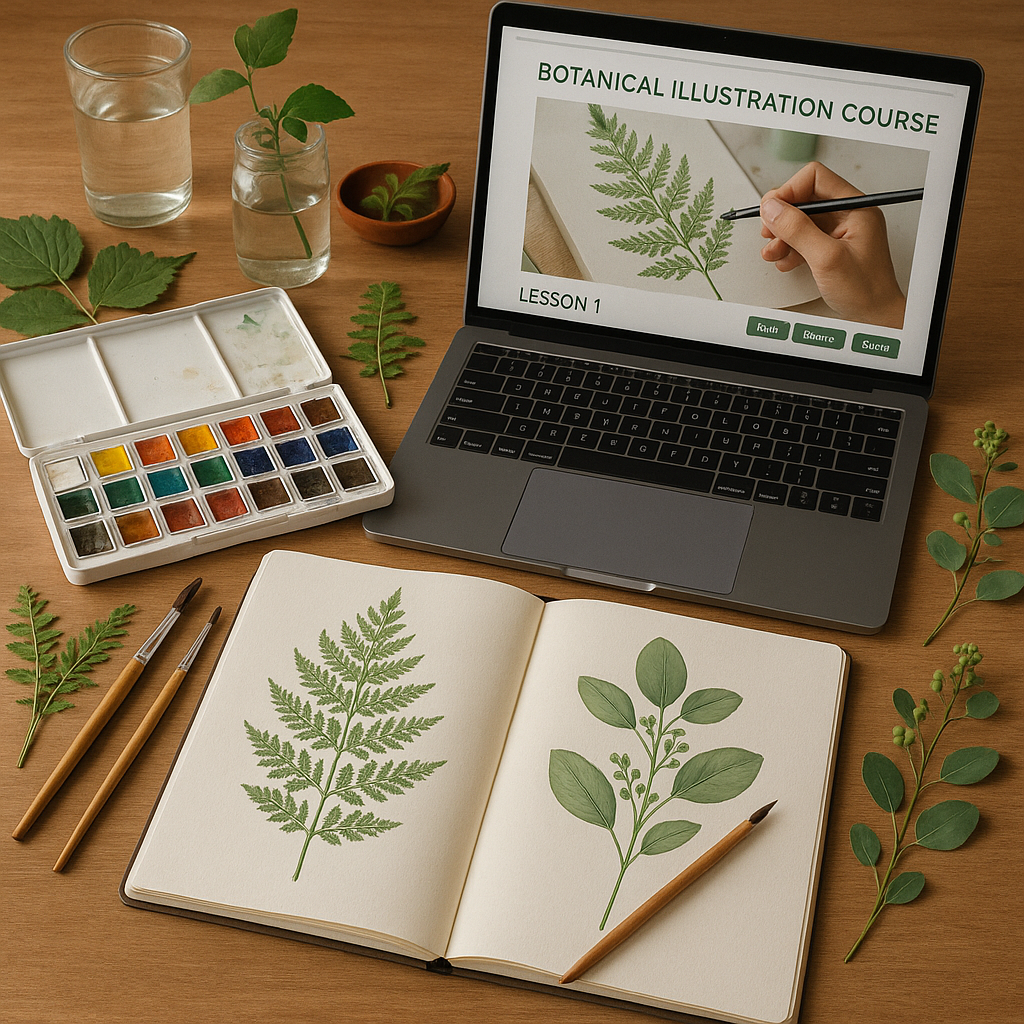 An artist’s workspace with watercolor paints, botanical sketches, natural plant specimens, and a laptop showing an online botanical illustration course interface. Alt: Maximizing learning in an online botanical illustration course with a well-organized creative workspace.