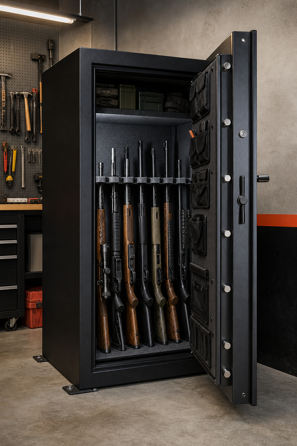 A photorealistic large steel gun safe bolted to a garage floor with the heavy door swung open, rifles standing upright inside, concrete and tool pegboard in the background. Alt: full-size gun safe bolted down for secure firearm storage.