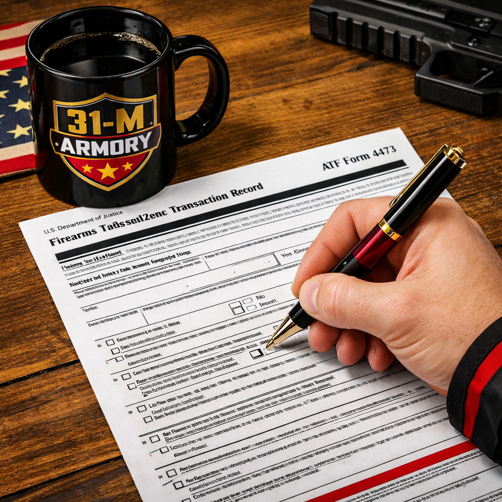 A realistic close‑up of a hand filling out ATF Form 4473 on a wooden desk, with a pen and a coffee mug. Alt: ATF Form 4473 paperwork for firearm transfer