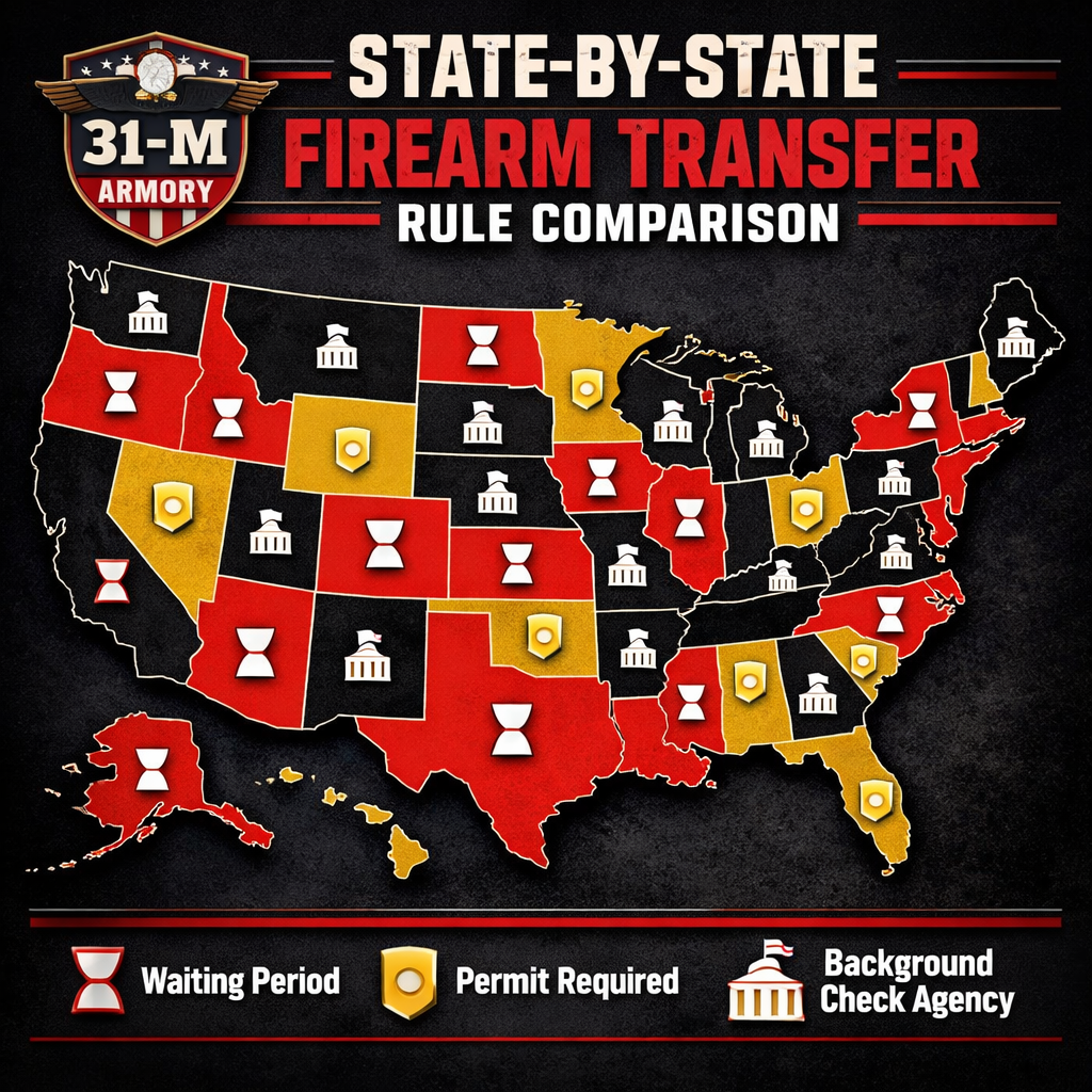 A realistic infographic showing a map of the United States with icons for waiting periods, permits, and background check agencies per state. Alt: State‑by‑state firearm transfer rule comparison