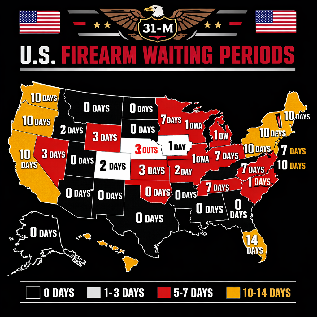 A realistic map of the United States highlighting each state’s firearm waiting period length, color‑coded from 0 to 14 days. Alt: US map showing state waiting period days for firearms.
