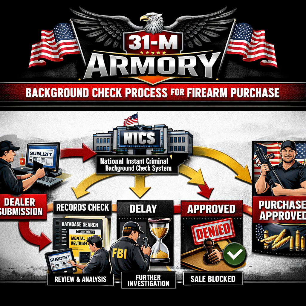 A realistic illustration of a background‑check workflow diagram showing steps from dealer submission to final clearance. Alt: Background check process for firearm purchase.